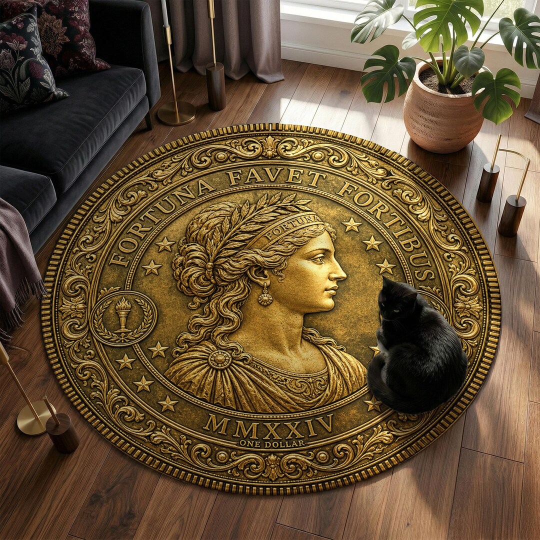 Coins Area Rug Gold Coin Round Rug and Numismatic Fortune Goddess Washable Rug for ...