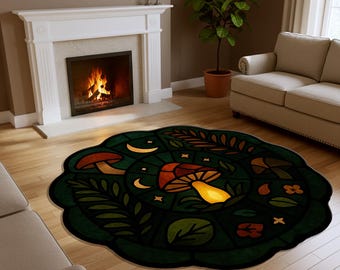 Mushroom Stained Glass Rug | Fairycore Woodland Carpet