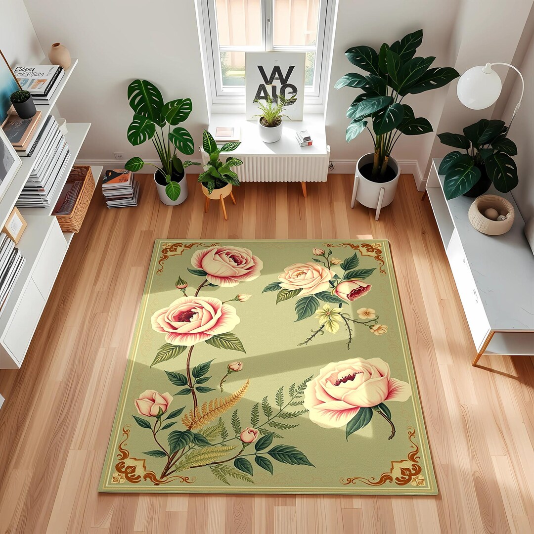 Green Roses Rug Green Floral Area Rug | Vintage Rose Bedroom Carpet - Etsy