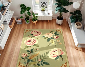Green Floral Area Rug | Vintage Rose Bedroom Carpet
