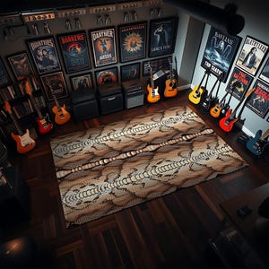 May include: A large, rectangular area rug with a snakeskin pattern in shades of brown and beige dominates the room. The room is decorated with framed posters, guitars, and amplifiers, creating a music-themed space.