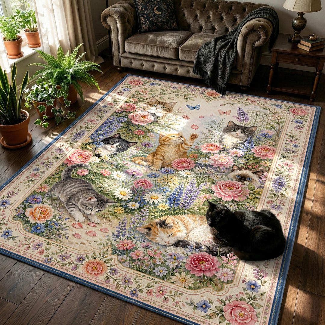 Whimsical Watercolor Cat Garden Rug, Aesthetic Floral Pet Print Area ...