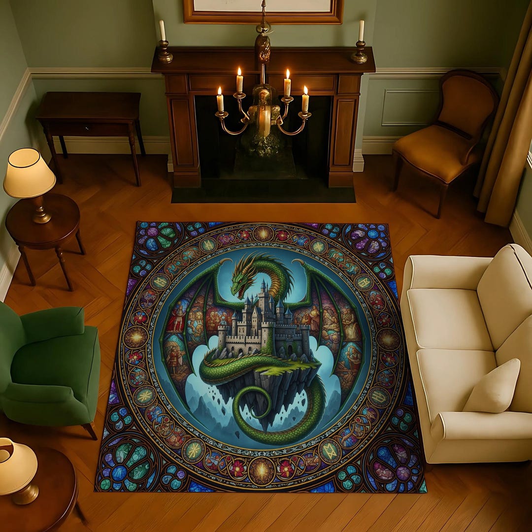 Knight Castle Rug Stained Glass Dragon Castle Rug: Gothic Fantasy Decor - Etsy