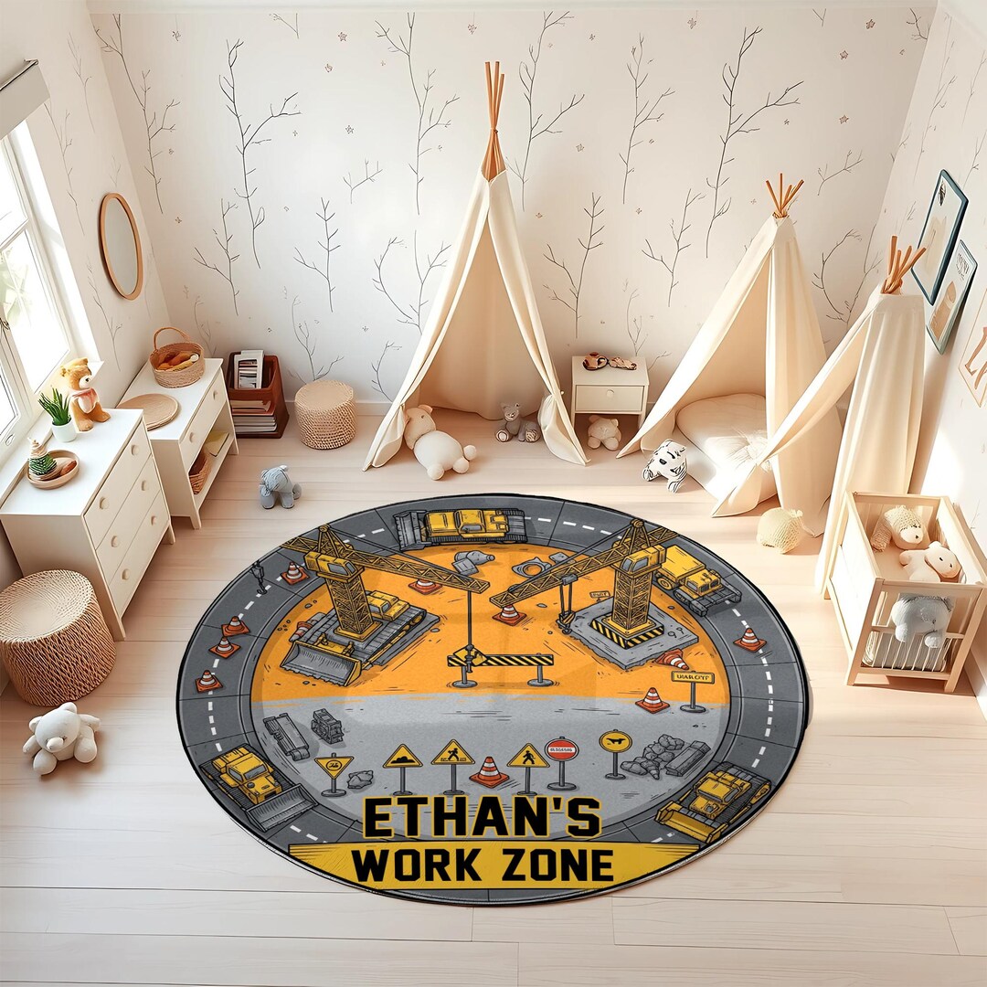 Personalized Construction Playmat | Custom Name Work Zone Kids Rug ...