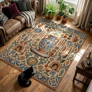 Puede incluir: Una alfombra rectangular que presenta un gran jarrón de cerámica central sobre un torno de alfarero, rodeado de herramientas de alfarería, cuencos pequeños e ilustraciones de hornos. El diseño incluye motivos florales azules y dorados.