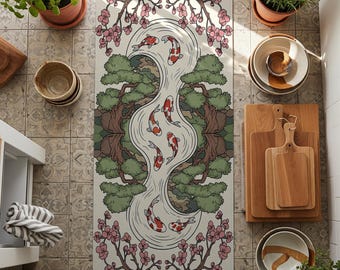 Koi Fish Runner Rug: Japanese Zen Garden Sakura Blossoms