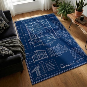 Industrial Blueprint Architecture Rug, Technical Drawing Floor Decor, Unique Gift for Architects and Engineers, Modern Office Area Rug