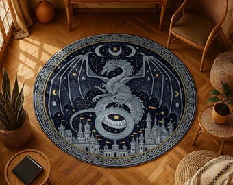 Alfombra redonda medieval con dragón – Castillo gótico, decoración de fantasía celestial