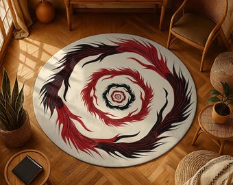 May include: A round area rug with a spiral design in shades of red and black on a cream background. The rug's pattern resembles a stylized feather or flame motif, creating a dynamic visual effect. The rug is placed on a wooden floor.