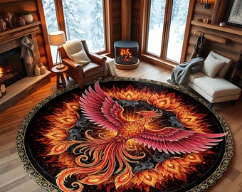 Rond vloerkleed Phoenix – Fiery Rebirth, tapijt met occulte lotusvlam