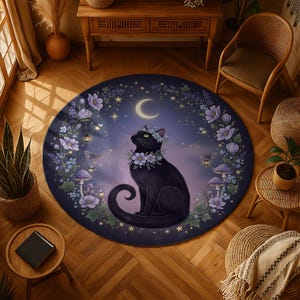Mystical Black Cat Round Rug, Celestial Moon Design with Flowers, Stars & Mushrooms, Enchanted Witchy Gothic Medieval Fantasy Occult Decor