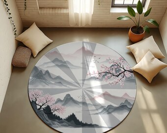 Japanese Cherry Blossom Round Rug | Zen Mountain Landscape