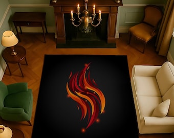 May include: A black rectangular area rug featuring a stylized flame design in shades of red, orange, and yellow. The flame design has a curved shape with a dark background and small glowing dots.