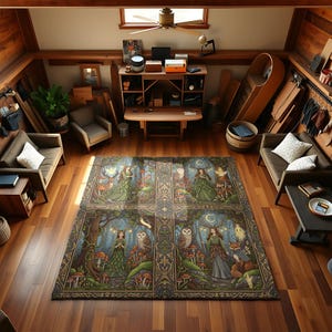 Mystical Forest Carpet – Fantasy Witchy Rug with Moon, Owls & Woodland Goddess, Gothic Boho Magical Mat for Spiritual Home Decor