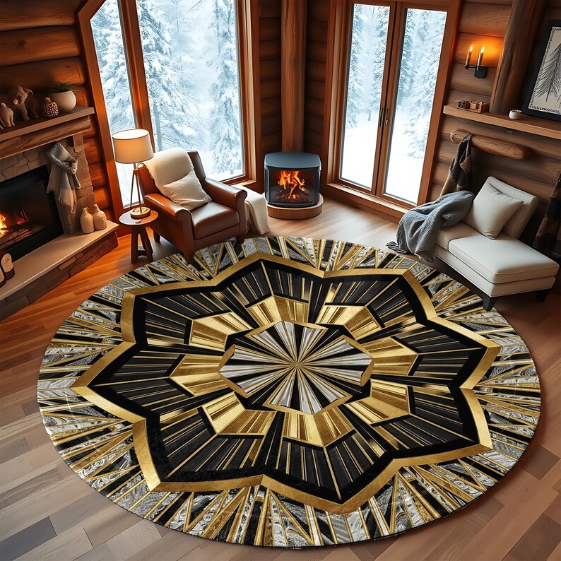 Starburst Rug Gold Art Deco Round Rug | Black, Gold Starburst, Geometric Design - Etsy