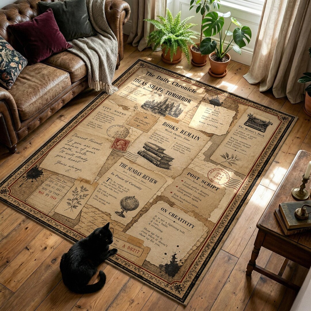 Ephemera Rug Vintage Newspaper Collage Rug, Retro Ephemera Print Carpet, Literary ...
