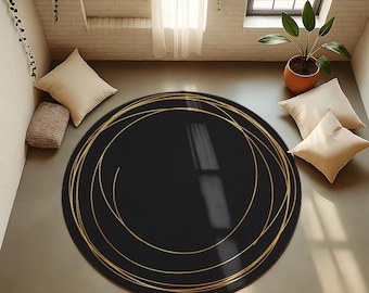 Black and Gold Round Rug, Modern Abstract Carpet
