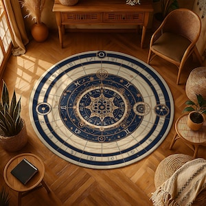 May include: A round rug with a celestial design. The rug features a cream-colored background with a dark blue border and intricate gold-colored astrological symbols and patterns. The rug is placed on a wooden floor.