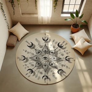 Mystic Moon And Eye Round Rug – Esoteric Celestial Symbols with Crescent Moons And All-Seeing Eye, Ideal for Boho & Spiritual Interiors