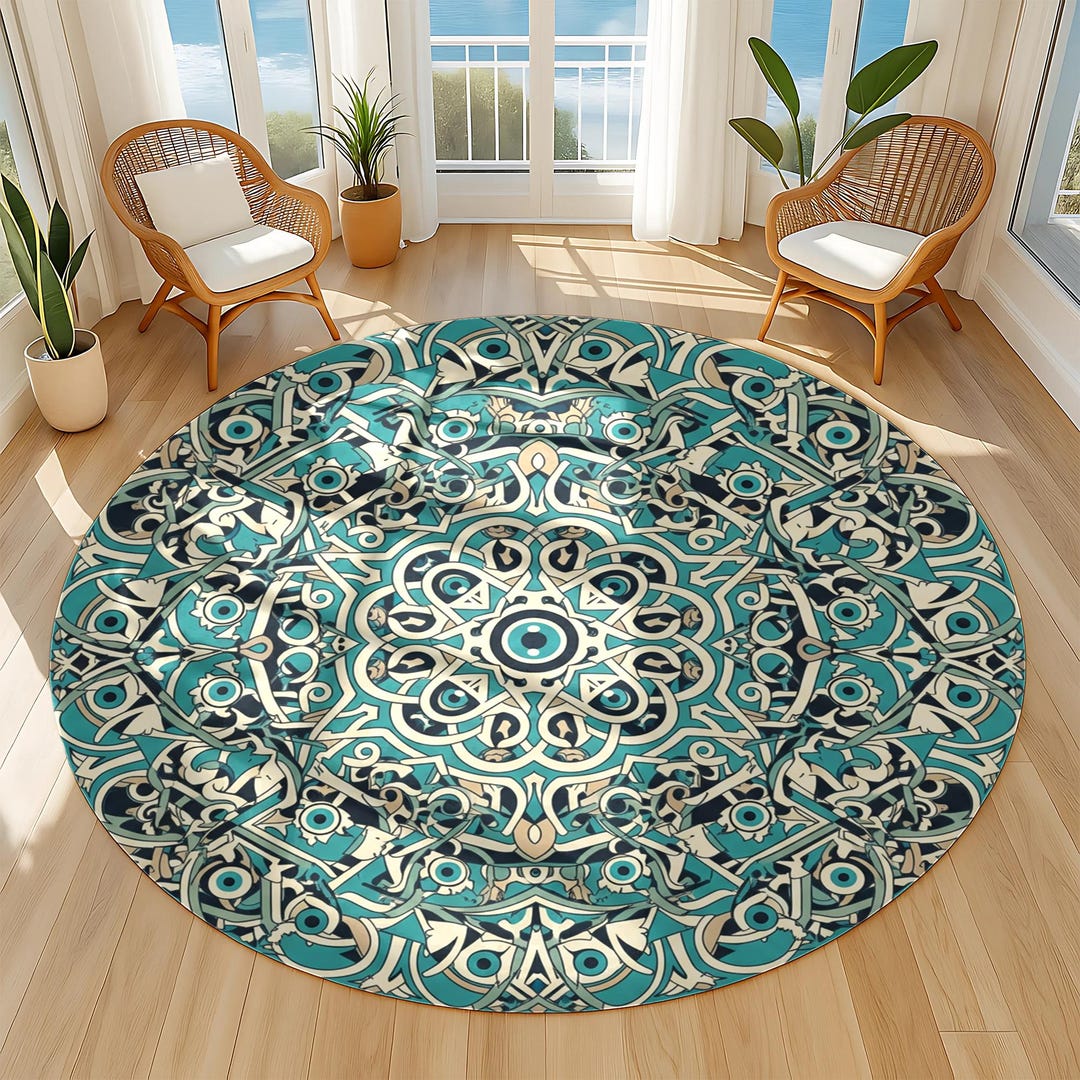 Islamic Mandala Round Rug: Arabic Geometric Carpet, Prayer Room