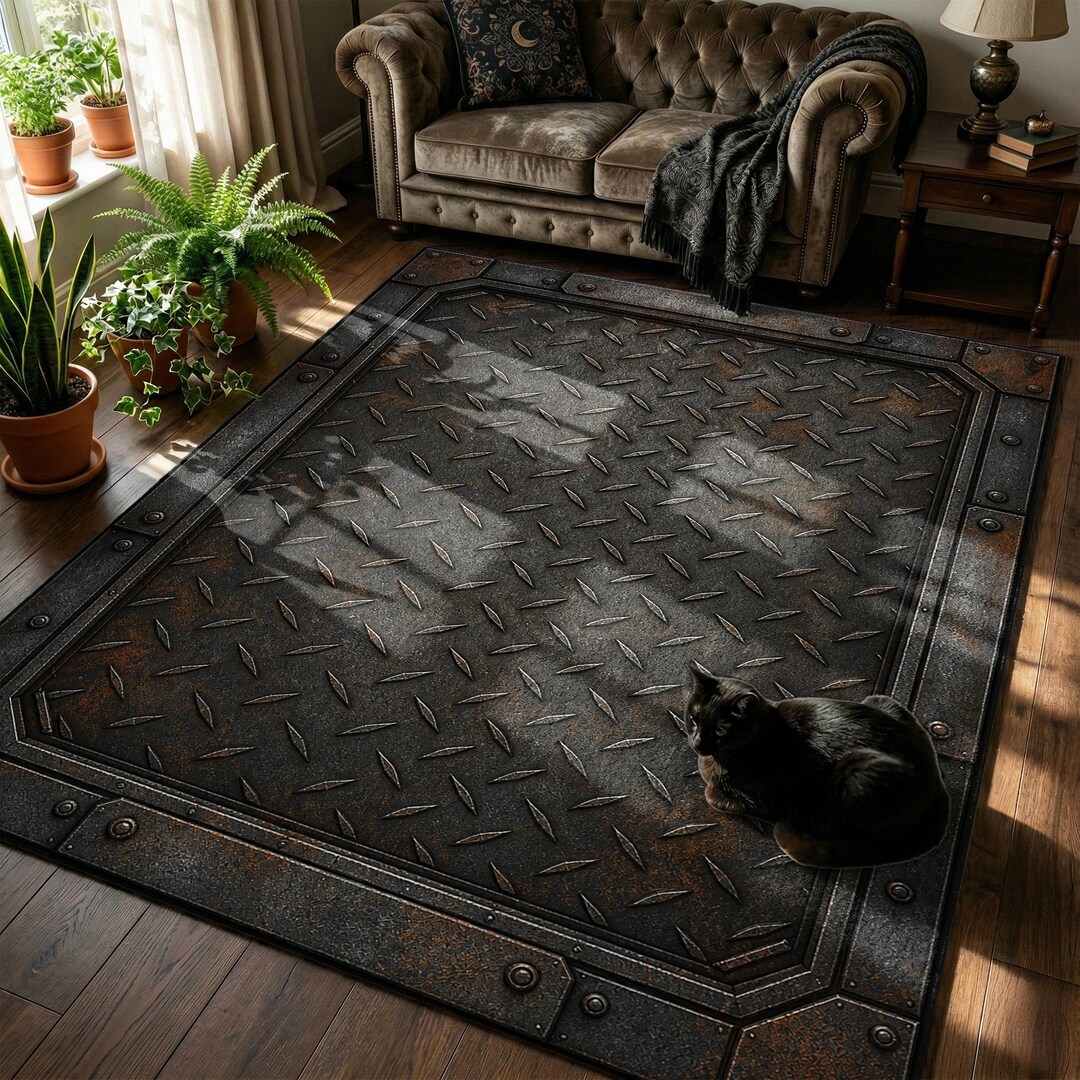 Metal Inlay Rugs Industrial Rusty Metal Diamond Plate Rug - Realistic 3D Texture Print ...