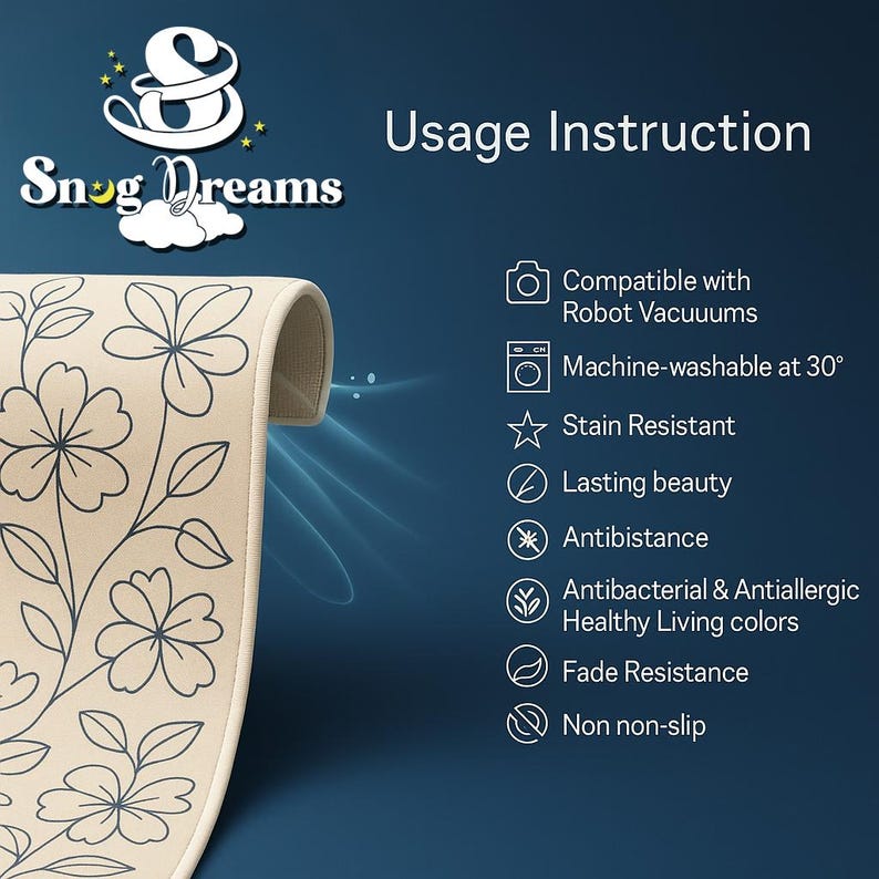 K&ouml;nnte beinhalten: Beiger Teppich mit floralem Muster und dem Text "Snog Dreams". Der Teppich ist maschinenwaschbar, schmutzabweisend und mit Robotersaugern kompatibel. Er ist langlebig, antibakteriell und farbecht.