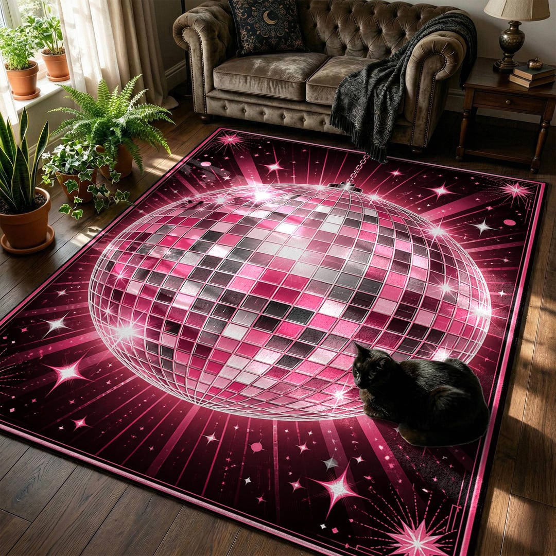 Retro Disco Ball Aesthetic Rug, Pink and Silver Mirror Effect Area Rug ...