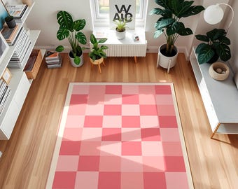 Pink Checkered Area Rug | Modern Farmhouse Plaid Carpet