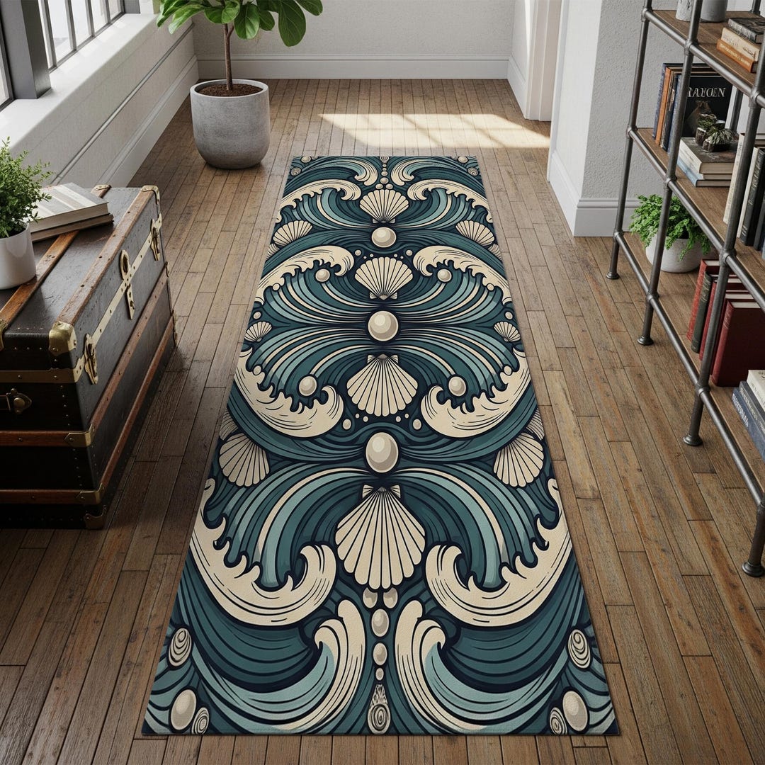 Sea Shell Patern Rug Teal Coastal Runner Rug: Ocean Wave Seashell Design - Etsy