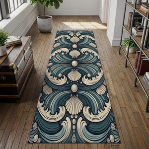Puede incluir: Una alfombra rectangular con un patrón repetido de olas oceánicas estilizadas, conchas marinas y detalles perlados en tonos de azul, turquesa y crema. La alfombra está colocada sobre un suelo de madera, añadiendo un tema costero.