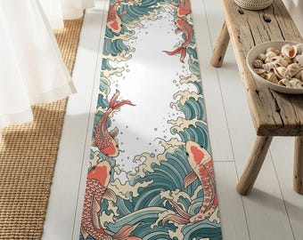 Japanese Koi Fish Runner Rug: Oriental Wave Art, Feng Shui Decor
