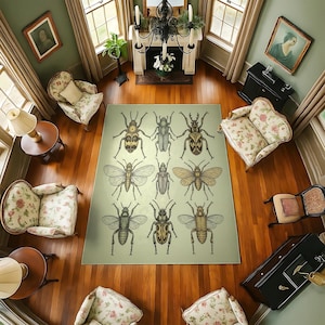 Entomology Insect Rug – Vintage Beetle And Bug Illustration Carpet, Science Decor for Nature Lovers, Curiosity Rooms & Eclectic Spaces