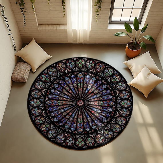 Stained Glass Round Rug | Gothic Cathedral Art Floor Mat