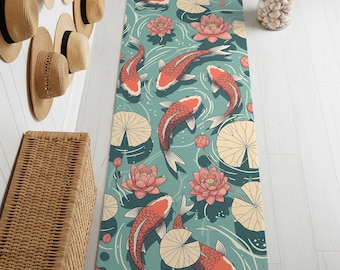 Koi Fish Runner Rug: Japanese Zen Lotus Flower Hallway Mat