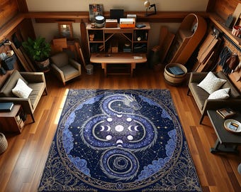May include: A large, rectangular rug with a celestial dragon design. The rug features a dark blue background with a detailed pattern of stars, constellations, and a dragon. The dragon is white and blue, with a long, winding body. The rug is placed on a wooden floor.