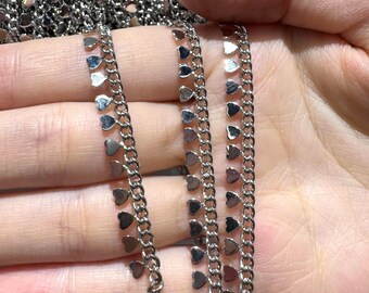 Silver Heart Charm Dangle Chain, Jewelry Making, Costume Trim (by the Meter)
