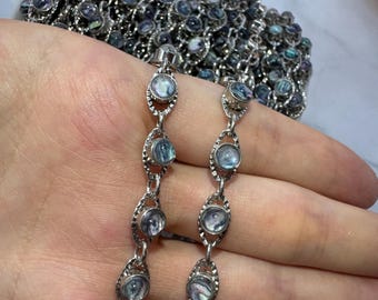 Silver Abalone Shell Bezel Chain - Iridescent Leaf Frame Links - DIY Jewelry Supplies