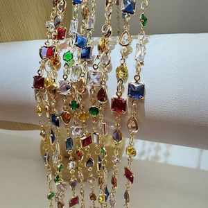 Multi-color Crystal Bead Chain Necklace, Gold-Tone Geometric CZ Necklace, Rainbow Crystal Accent Necklace, Delicate Mini Gem Pendant Chain