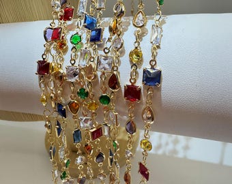 Rainbow Crystal Bead Chain Necklace: Gold-Tone Gem Pendant