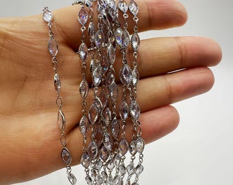 Marquise CZ Chain: Silver Tone Rhinestone Necklace, DIY Jewelry Making - By the Meter