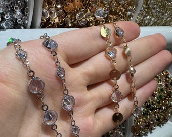 Crystal Glass Chain: Gold & Silver Faceted Bead Link, DIY Jewelry Supplies