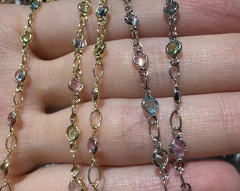 Multicolor Crystal Gem Chain, Gold or Silver Plated, DIY Jewelry Making, Sold by Meter