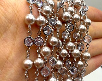 Champagne Pearl & Rhinestone Chain: Silver-Tone Wedding Jewelry - DIY Bridal Necklace