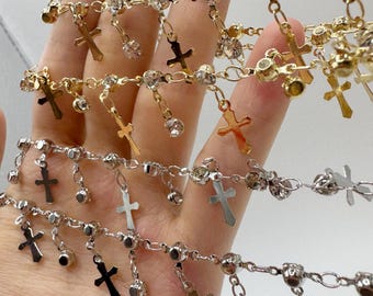 Multi-Strand Cross Necklace: Silver Noir & Antique Gold, Crystal Accents