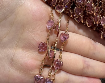 Pink Heart Crystal Chain Trim, Gold Plated, Kawaii Y2K Jewelry Supplies by Meter