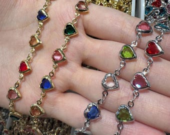 Rainbow Heart Crystal Bezel Chain | Gold or Silver | 6mm Multicolor Hearts | Sold by the Meter