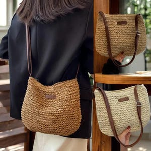 Sac à bandoulière en paille d'été pour femme, sac à main de plage tissé, sac à main messager élégant pour femme, parfait pour les vacances, le shopping et un usage quotidien.