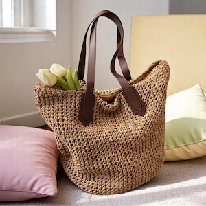 Boho Stroh Schultertasche - Große gewebte Achsel Tote für Sommer Strand, lässige gehäkelte Einkaufstasche für Frauen