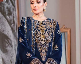 Pakistaans geborduurd fluwelen pak: etnische feestkleding Indiase outfit, stikwerk op maat beschikbaar