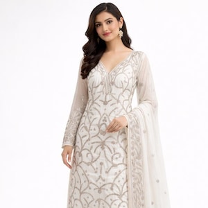 White Gotta Work dress handmade Shamooz Silk Pakistani Wedding Suit dyeable all colors